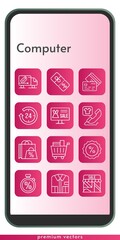 computer icon set. included online shop, shopping bag, 24-hours, shirt, shop, shopping cart, discount, phone call, credit card, stopwatch icons on phone design background . linear styles.