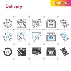 delivery icon set. included online shop, 24-hours, shop, trolley icons on white background. linear, bicolor, filled styles.
