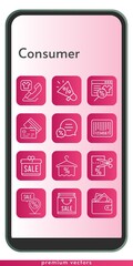 consumer icon set. included gift, shopping bag, megaphone, online shop, wallet, towel, chat, voucher, phone call, credit card, placeholder, barcode icons on phone design background . linear styles.