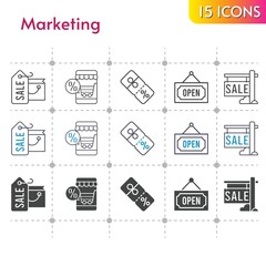 marketing icon set. included shopping bag, online shop, sale, discount, open icons on white background. linear, bicolor, filled styles.