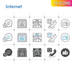 internet icon set. included shop, like, chat, phone call icons on white background. linear, bicolor, filled styles.