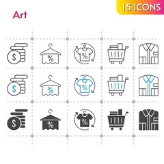 art icon set. included shirt, money, towel, shopping cart icons on white background. linear, bicolor, filled styles.