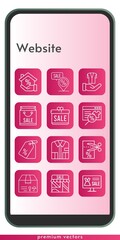 website icon set. included gift, online shop, shopping bag, shop, mortgage, shirt, package, voucher, price tag, jacket, placeholder icons on phone design background . linear styles.