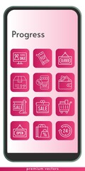progress icon set. included gift, shopping bag, online shop, 24-hours, sale, package, wallet, shopping cart, closed, open, trolley icons on phone design background . linear styles.
