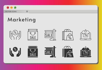 marketing icon set. included shopping bag, online shop, sale, discount icons on white background. linear, filled styles.