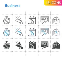 business icon set. included calendar, megaphone, online shop, stopwatch icons on white background. linear, bicolor, filled styles.