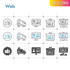 web icon set. included gift, online shop, sale, like, delivery truck icons on white background. linear, bicolor, filled styles.
