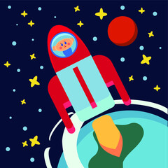 vector illustration of a child's first flight into space for children's magazines and books