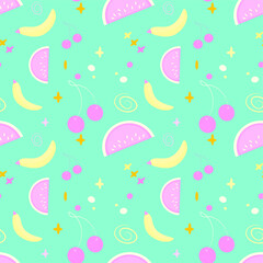 Vector seamless pattern with fruits such as cherry, banana, watermelon. Suitable for postcards, clothing, websites and wrappers.