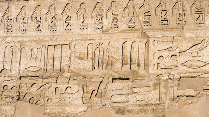 It's Hieroglyphs of the Medinet Habu (Mortuary Temple of Ramesses III), West Bank of Luxor in Egypt.