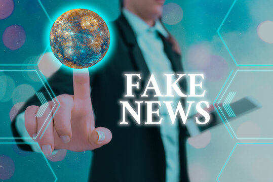 Handwriting text Fake News. Conceptual photo false information publish under the guise of being authentic news Futuristic icons solar system. Elements of this image furnished by NASA