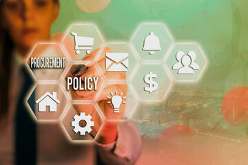 Word writing text Procurement Policy. Business photo showcasing govern choice of suppliers used to...