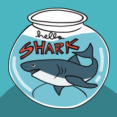 Hello shark in glass bowl cartoon vector illustration