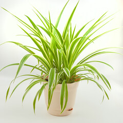 Flower chlorophytum in beige pot on a white background