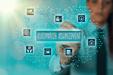 Word writing text Automation Advancement. Business photo showcasing growth use of control systems...