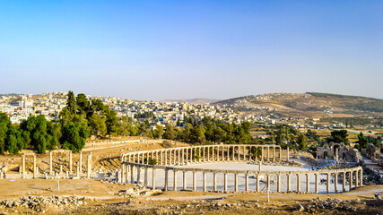 It's Oval forum, Roman ruins in the Jordanian city of Jerash, (Gerasa of Antiquity), capital and...