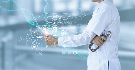 Medicine doctor holding electronic medical and record on tablet. DNA. Digital healthcare and network connection on hologram modern virtual screen interface, medical technology and futuristic concept.