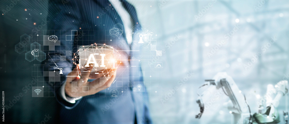 Aufkleber AI, Artificial Intelligence and machine learning, Businessman holds a smart phone with artificial intelligence data to control the robot to work in factory, Innovative of technology and futuristic.