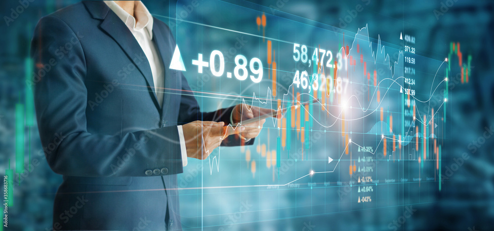Poster businessman using tablet and analyzing sales data economic growth graph on modern virtual interface,