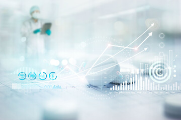 Healthcare and Medical, Patients' pills placed on a heartbeat report paper And a graph of the growth of medical and healthcare businesses and doctor using tablet on background.