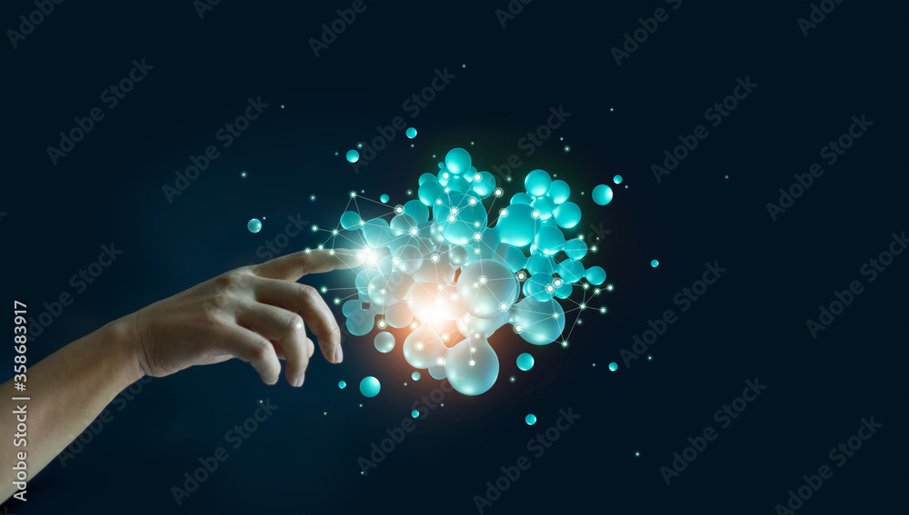 Poster Man touching abstract global network connection on structure networking and data exchanges customer connection on dark background, Network and communication of business, 3D render.