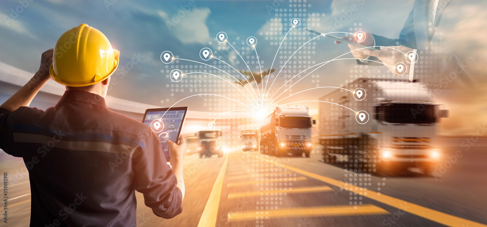 Aufkleber Transport and logistic concept, Manager and engineer checking and control logistic network distribution and data on tablet for logistic Import export on motorway background