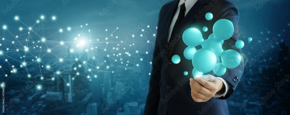 Poster Businessman holding abstract global network connection on structure networking and data exchanges customer connection on blue city background, Network and communication of business, 3D render.