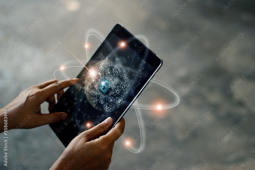 Aufkleber Global network security, Man touching technology global networking security information safety and encryption with icon on tablet screen , Data protection on cyber.