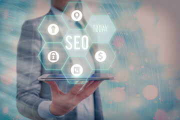 Word writing text Seo. Business photo showcasing search engine optimization increasing quality and...