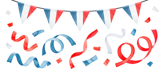Colorful set with French triangle flag bunting, party confetti and celebration streamers. Hand painted watercolour graphic sketch, cutout clip art elements for design decoration, greeting card, print.