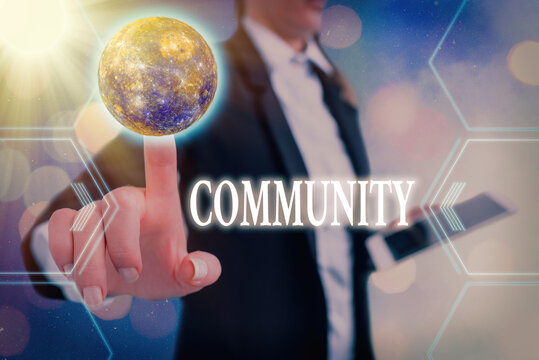 Handwriting text Community. Conceptual photo group of showing with a common characteristics living together Futuristic icons solar system. Elements of this image furnished by NASA