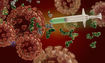 Coronavirus with syringe 3d-illustration red graphic image