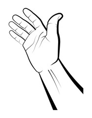 human hand indicates the direction of movement. Gesture of a request for help. Gift, presentation. Isolated vector on white background