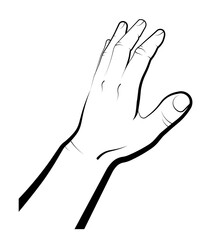   human hand indicates the direction of movement. Gesture takes, reaches for the subject, covers with a palm. Isolated vector on white background