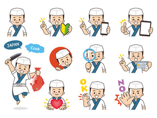 板前の男性　バリエーション　初心者マーク　スマートフォン　タブレット　虫眼鏡　クレジットカード　ハート　OK　NO