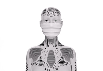 3D Render : The portrait of a robot wearing a face mask for protection to prevent getting virus epidemic or air pollution into Respiratory system
