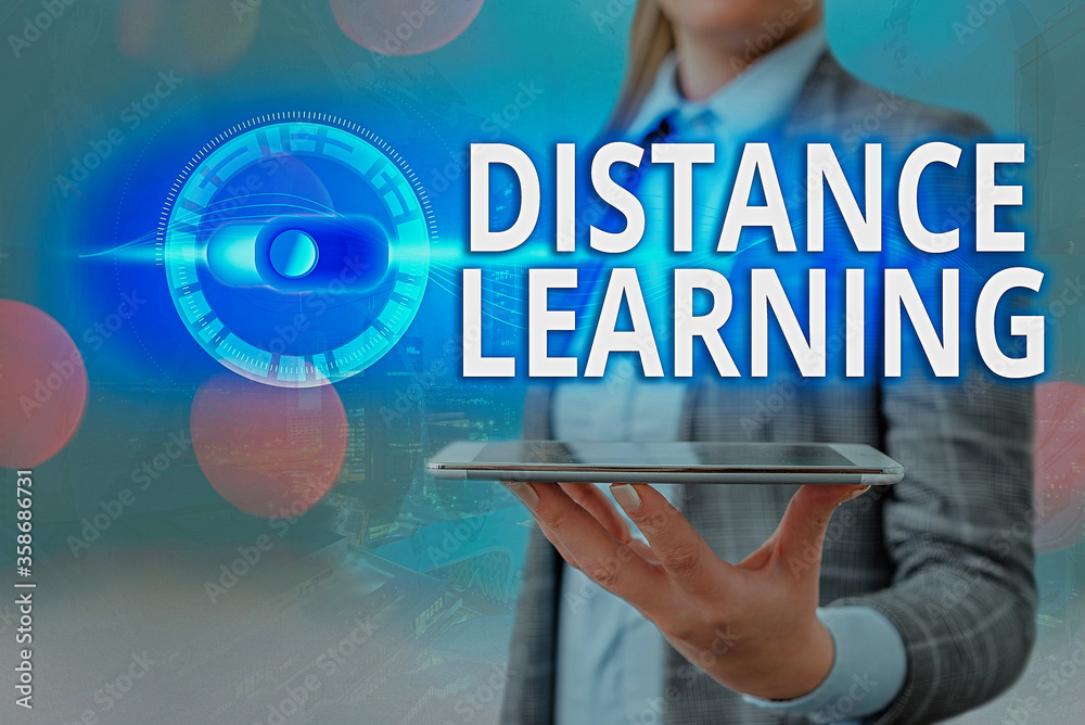 Poster text sign showing distance learning. business photo showcasing educational lectures broadcasted over