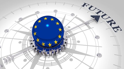 Business concept. Abstract compass points to the future word. Flag of the European Union. 3D rendering