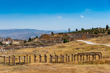 It's Columns raw of the Cardo Maximus Ancient Roman city of Gerasa of Antiquity , modern Jerash, Jordan