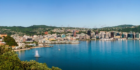 Fototapeta na wymiar Wellington, New Zealand. Morning view of Wellington city buildings and harbour viewed from Mount Victoria. Wellington is the Capital of NZ.