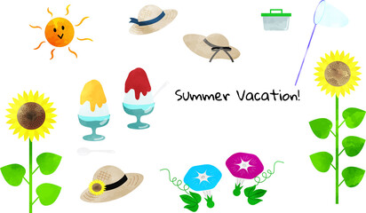 夏・夏休みののイラストセット　水彩風