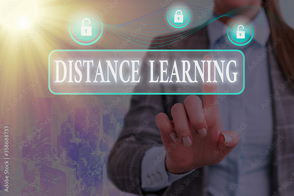 Poster writing note showing distance learning. business concept for educational lectures broadcasted over t