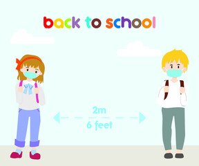 Back to School during new normal wearing face mask and practice social physical distancing among elementary and kindergarten student to protect them from coronavirus covid-19
