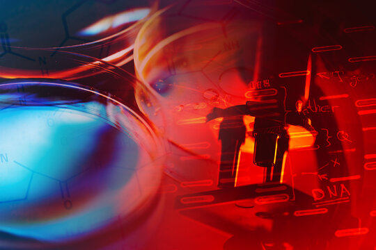 Laboratory glassware and DNA data. Science concept.