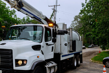 Fototapeta na wymiar Sewage industrial cleaning truck clean blockage in a sewer line.