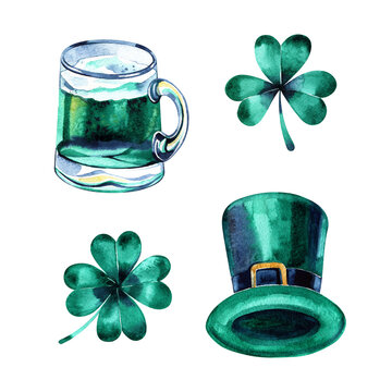 Set for st. Patrick's day with green hat, beer, shamrock watercolor hand draw illustration with white isolated background.