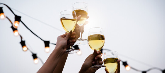 Cheer! A group of people or friends cheering for champagne and blessing with party background,...