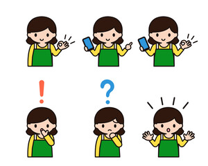 エプロン姿の女性がスマートフォンを持つシンプルなイラストセット