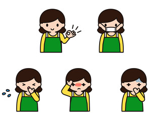 体調が悪いエプロン姿の女性のイラストセット