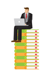 Business man in a suit working with a laptop computer on top of a stack of books. Concept of an entrepreneur working fast with his knowledge. Vector illustration.